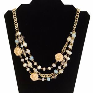NEW YORK & COMPANY 3 tier strand beaded chain link floral statement necklace NEW